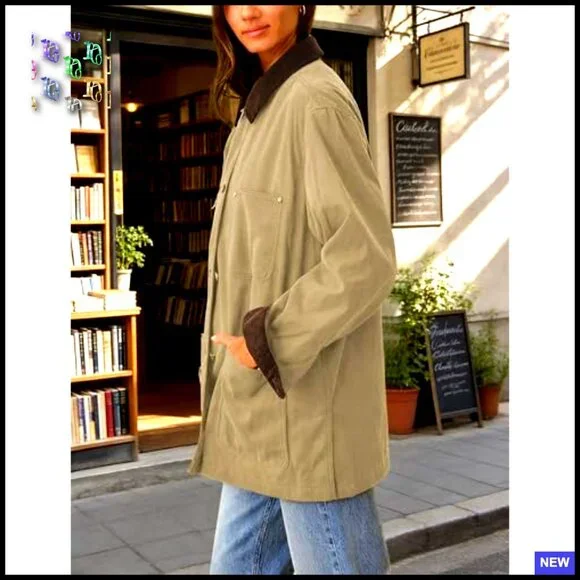 Oversized Utility Cotton Coat Corduroy Collar Vintage Workwear with Pockets